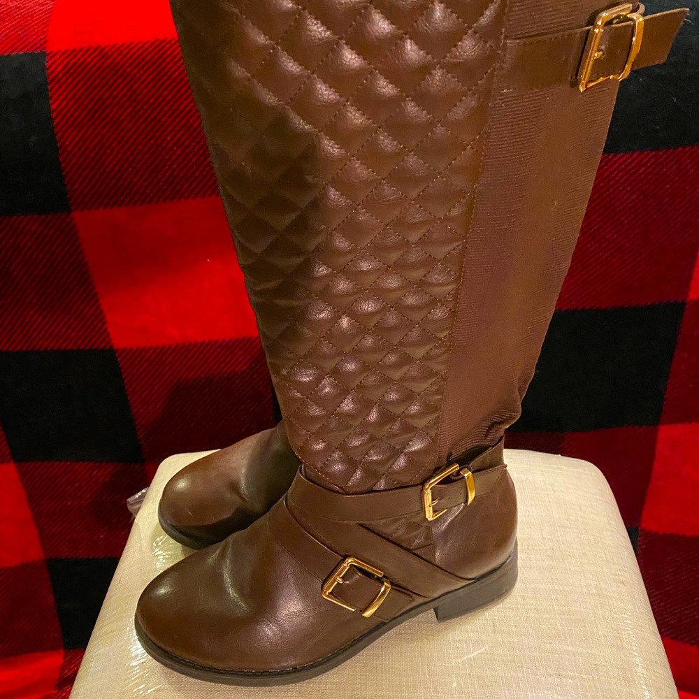 Torrid Brown Faux Leather Quilted Strappy Knee High Boots